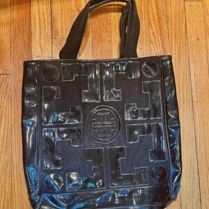 Tory Burch Black Canvas and Patent Leather Tote